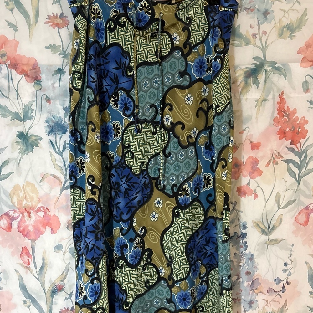 Vintage Blue & Olive Printed Midi Skirt - Women